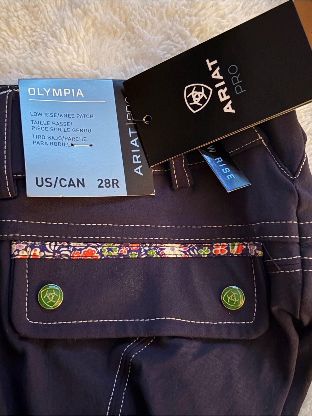 Ariat Pro Dark Navy Breeches with Pink Floral Tag and Green Snap Accents
